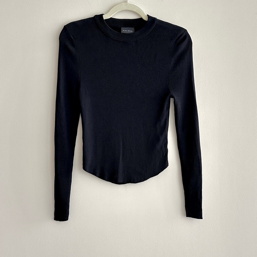 Miou Muse Mockneck Ribbed Long Sleeve Shirt, Size Medium, Black